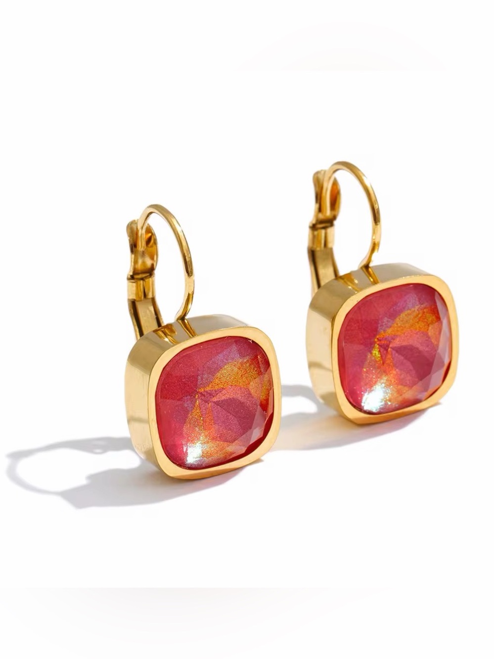 Gold-Plated Leverback Earrings with Pink Iridescent Cushion Stones